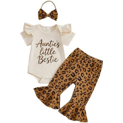 MAINESAKA Aunties Bestie Baby Girl Clothes Newborn Bell Bottom Outfit Embroidery Romper Leopard Pants 3Ps Set Summer Outfit