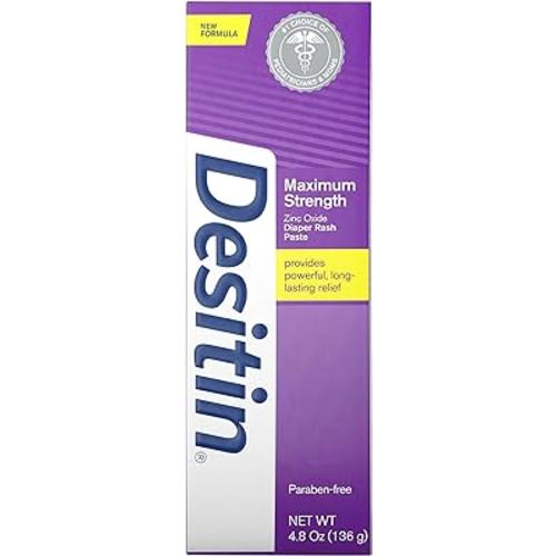 Desitin Maximum Strength Baby Diaper Rash Cream with 40% Zinc Oxide for Treatment, Relief & Prevention, Hypoallergenic, Phthalate- & Paraben-Free Paste, 4.8 oz