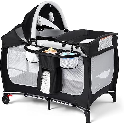 Kinder King 4 in 1 Portable Pack and Play, Baby Playard w/Bassinet, Large Playpen for Infant and Toddler, Newborn Changing Table, Adjustable Canopy, Storage Basket, Travel Bag, Black