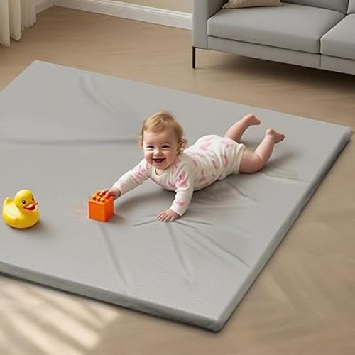 Vegan Leather Baby Play Mat, 50x50 Thicken Foam Cushioned & Waterproof Playpen Mat for Infants and Toddlers, Extra-Large Tummy Time Mat for Tummy Time Training and Early Walking, Light Gray
