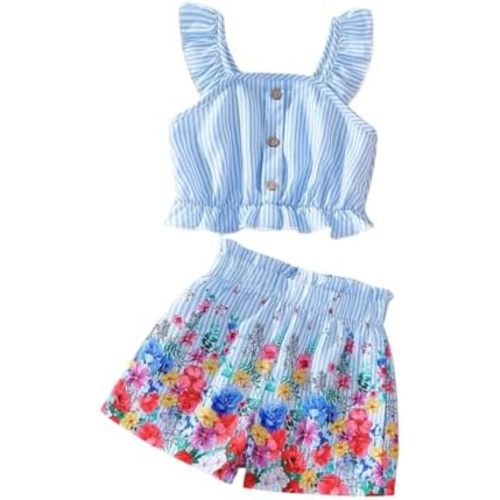 Kids Toddler Girls Summer Clothes Button Design Striped Tank Top + Floral-Print Elastic Shorts 2 Piece