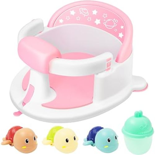 Baby Bath Seat 6M+, Non-Slip Cushion, CPSC Certified, 5-Pc Set, Pink