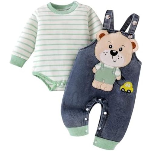 Baby Boy Clothes Fall Winter Outfit Cute Romper Striped Long Sleeve Romper Cartoon Denim Jumpsuit Pants 0-18 Months