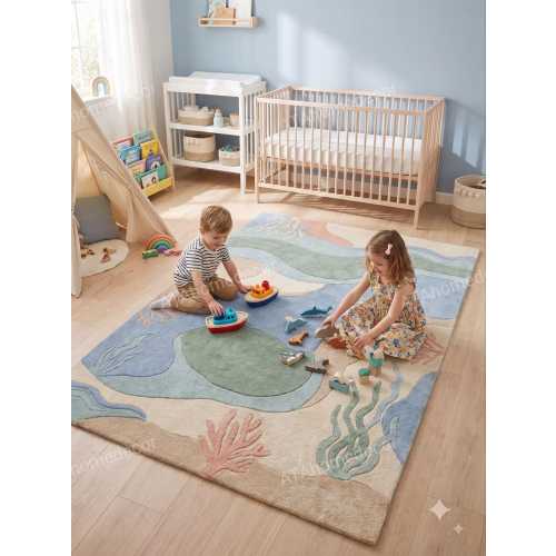 Coastal Ocean Rug, Abstract Wool Area Rug, Hand Tufted Rug, Sea Life Nursery Rug, Kids Playroom Decor, Blue Green Rug, Custom Tufted Rug