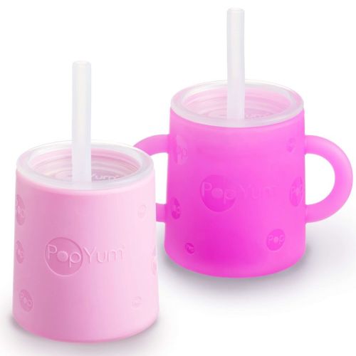 PopYum Silicone Training Cup with Straw Lid, 2-Pack for Baby, Infant and Toddler, Tumbler, Sippy, handles, 5 ounce (purple, pink)