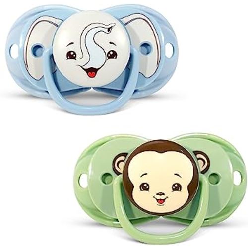 RaZbaby Keep-It-Kleen Baby Pacifier 2-Pack Closes When Dropped - BPA-Free Silicone Orthodontic Nipple, Ideal for Travel, Nipple Stays Clean, 0-36 Months - Monkey/Elephant Design