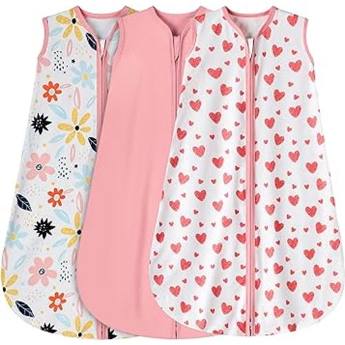 3 Pack Baby Sleep Sack 0-6 Months 100% Rayon Cotton Baby Sleeping Bag 2-Way Zipper Toddler Wearable Blankets Comfy Stretchy Lightweight TOG 0.3 （Heart&Pink&Floral）