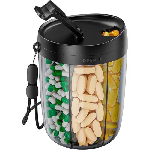 PULIV Large Pill Bottle Organizer, Supplement Organizer for Holding 6 Various Vitamins, Pill Box Case with Anti-Mixing & Wide Opening Design, Easy to Retrieve Meds, Includes 20 Pcs Stick-on Labels