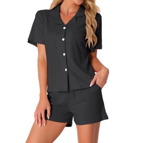INSPIRE CHIC Women's Cotton Button Down Notch Collar Short Sleeve Pajamas Set with Pockets Small Black