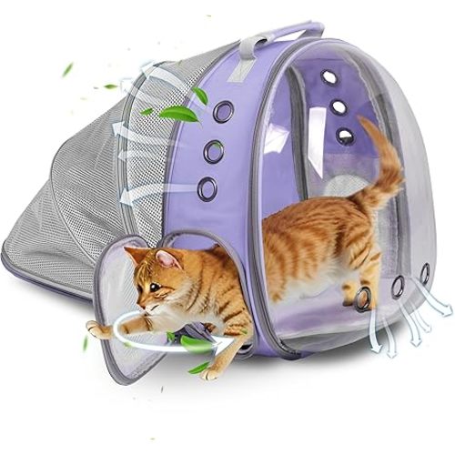 Cat Backpack Carrier Back Expandable Bubble Pet Carrier Backpack for Large Cat, Kitten and Dog, Designed for Hiking, Travelling and Outdoor Use (Back Expandable-Purple)