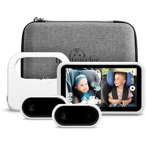 Tiny Traveler Dual View Baby Car Camera Splitscreen for 2 Kids – 5” Touchscreen Monitor with Power Bank, Rear-Facing Seat View, Night Vision, No WiFi, Safety Alert – White