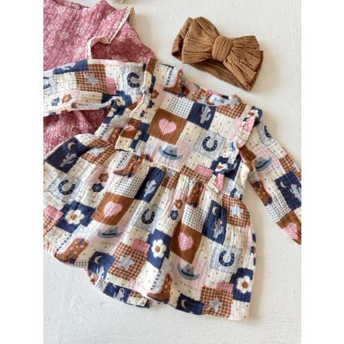 Long Sleeve Ruffle Bubble w/ Skirt, Patchwork Cowgirl