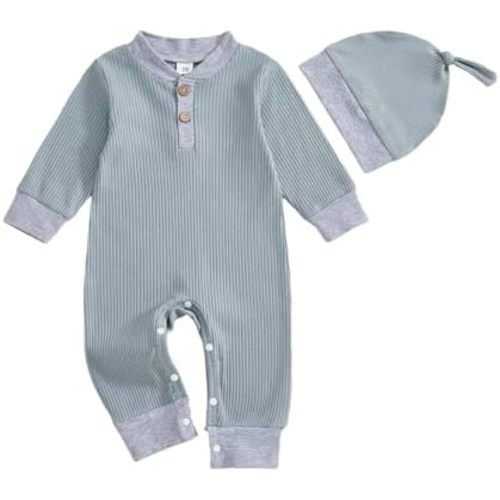 pengnight Newborn Baby Boys Girls Clothes Long Sleeve Ribbed Knit Striped Romper Bodysuit Jumpsuit Hat Coming Home Outfit