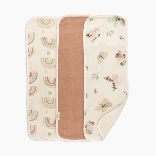 Crane Baby Cotton Muslin and Terry Burp Cloth Set (3 Pack) - Parker Rainbow/Butterfly