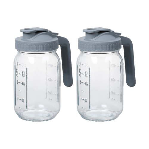 Novelinks Glass Pitcher with Gray Lid,32 Oz Wide Mouth Mason Jar Pitcher with Pour Spout Handle for Lemonade, Cold Brew Coffee, Ice Beverage, Iced Juice,Sun Tea, Fruit Drinks ,2 Pack