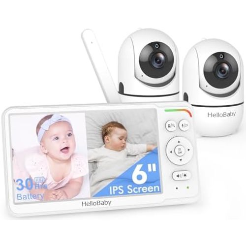 HelloBaby No WiFi Baby Monitor 2 Cameras, 6" Split Screen 30H Battery