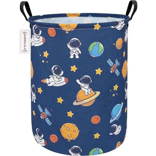 QUEENLALA Large Storage Basket,Laundry Hamper/Bathroom/Home Decor/Collapsible Round Storage Bin,Boys and Girls Hamper/Boxes/Clothing(Round-Yellow Star Astronaut)