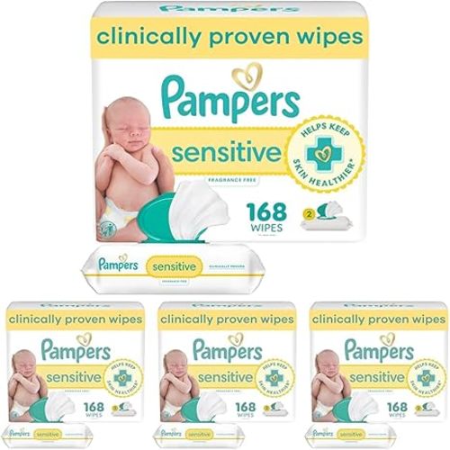Pampers Sensitive Baby Wipes, Clinically Proven, Fragrance Free, Unscented, Water Based, Hypoallergenic, Multi-Use, Hand Wipes 1008 Wipes Total (18X Flip-Top Packs) [Packaging May Vary]