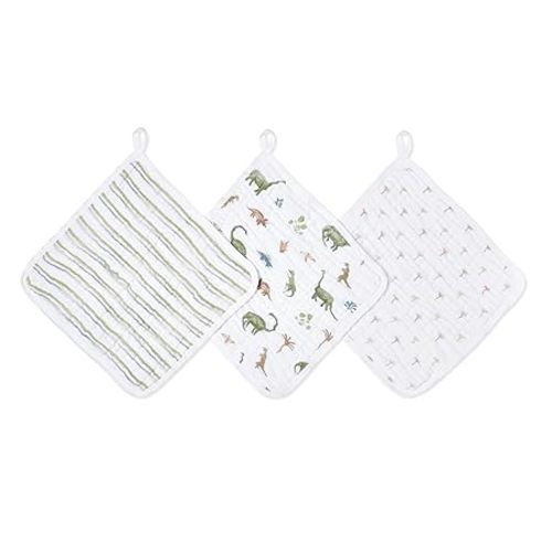 aden + anais Essentials Washcloth 3-Pack, Super Soft 100% Cotton Muslin, Gentle on Skin, 3 Absorbent 11x11 Layers, Softer with Every Use, Perfect for Babies, Infants, Toddlers, Dino Jungle
