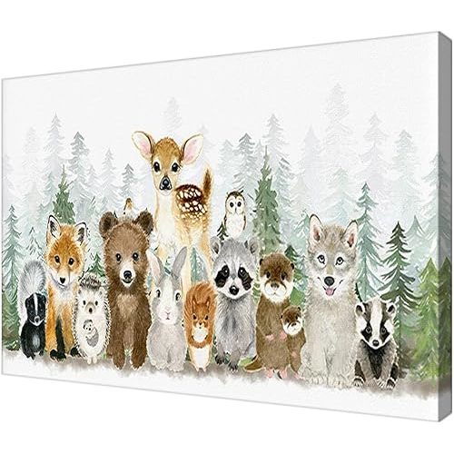 Vintage Funny Wall Art Framed Nursery Woodland Baby Animal Poster For Children'S Room Decor-Cute Animal Art Canvas Print Picture For Apartment Home Living Bedroom Decor