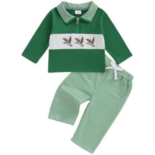 Toddler Baby Boy Hunting Outfit Long Sleeve Flying Duck Embroidery Sweatshirt+Pants Set Fall Winter Baby Clothes