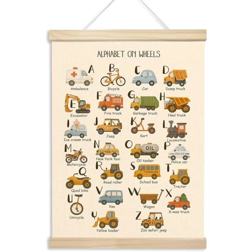 Xmsaitar Classroom Car Alphabet Poster Hanger Frame Wall Decor, Nursery Traffic Kids Prints for Wall Hanging Decor Art, Rustic Cute Pictures Banner for Boys Toddler Room Dorm Playroom 12x16in