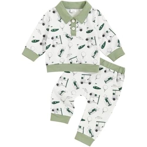 Baby Boy Golf Outfits Lapel Long Sleeve Golf Print Pullover Sweatshirts and Long Pants Toddler Fall Winter Clothes