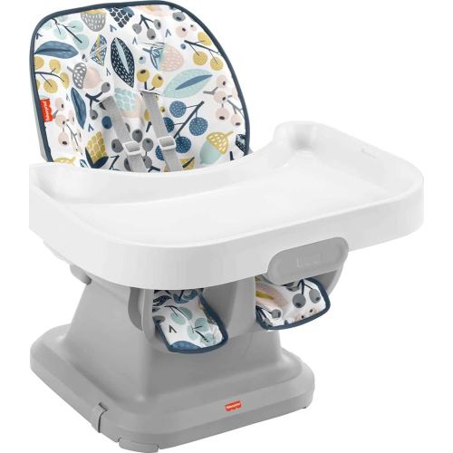Fisher-Price SpaceSaver High Chair Navy Foliage, portable infant-to-toddler dining chair and booster seat with easy clean up features