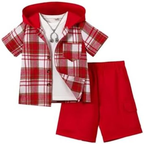 Boys Clothes Shorts Sets Plaid Short Sleeve Hooded Button Shirt and Jogger Shorts for Kids Summer Outfits