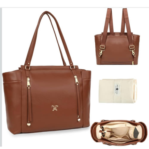 miss fong Diaper Bag Tote Leather Diaper Bag Backpack, Large Capacity Mommy Bag Hospital Bag, 12 Pockets Travel Diaper Tote with Changing Pad Pañaleras Para Bebe for Mom & Dad-Brown