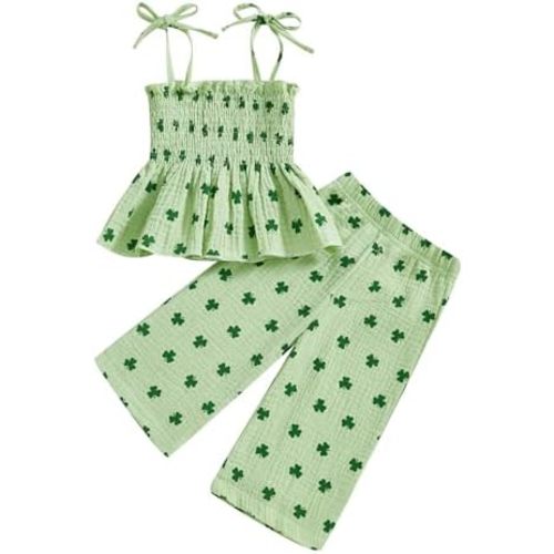 VISGOGO St Patrick's Day Baby Girl Outfit Lucky Clover Set Sleeveless Smocked Strap Camisole Pants 2-Pieces Spring Clothes