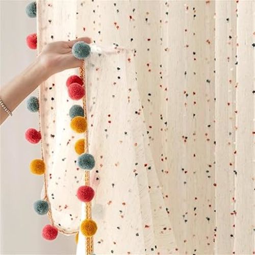 Boho Rainbow Sheer Curtain with Colorful Pom Pom Voile Drapes Light Filtering Faux Linen Stripe Pompom Rod Pocket Window Drapes for Boys /Girls Bedroom/Nursery 2 Panels (W52 X L84 Inch-2PCS,White)