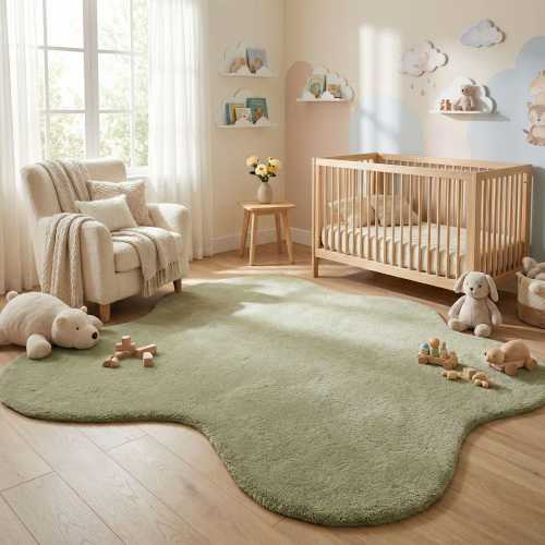 Sage Green Wool Rug, Hand Tufted Organic Shaped Area Rug, Irregular Cloud Rug for Nursery, Soft Aesthetic Room Decor