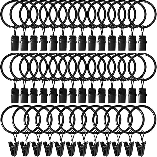 40 Pack Curtain Rings with Clips, Curtain Clip Rings Hooks, Bow Hanger Clips for Hanging Drapery Drapes Bows, Ring 1.26 inch Interior Diameter, Fits up to 1" Rod, Black