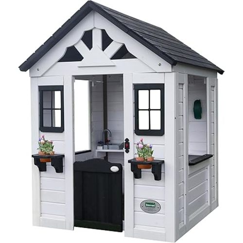 Backyard Discovery Sweetwater White Cedar Wooden Kids Playhouse Cottage with Play Kitchen, Snack Bar, Half Door, Toy Phone, Windows, Flowerpot Holders, Working Doorbell for Outdoor Imaginative Play