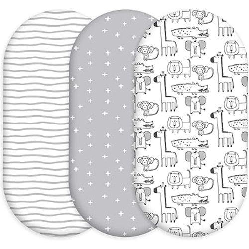 3 Pack Baby Bassinet Sheets for Baby Boy Girl, 32" x 16" Bassinet Mattress Sheets, Compatible with Round, Oval, Hourglass, Rectangle Mattress, Fitted Bassinet Sheets (Grey Animals)