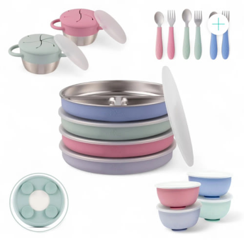 Stainless Steel Mealtime Bundle | Sucton Sleeves | Plates, Bowls, Snack Cups + Toddler Utensils | 16 Pcs | Blush/Lilac/Sage/MistyBlue