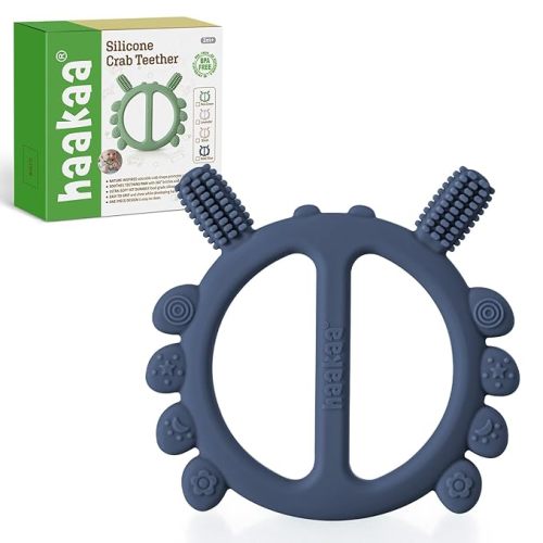 Haakaa Silicone Crab Baby Teether,Teething Toys,360°Baby Toothbrush Head for Infant Self-Brushing Training,Food-Grade Silicone,Steel Blue