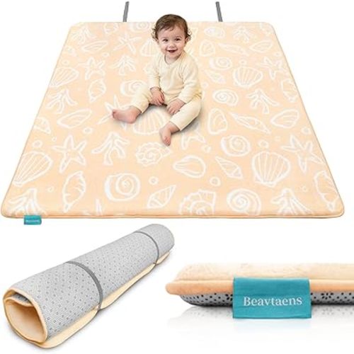 Thickened Baby Play Mat for Floor, 50x50 Foam Playpen Mat, Easy to Wipe Clean, Non-Slip Bottom Tummy Time Mat, Easy Storage Playmat, Super Soft Coral Velvet Nursery Rug, Perfect for Baby to Crawl - Beige Shell