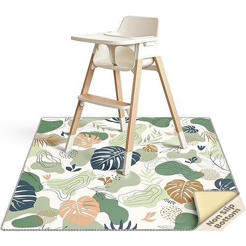 Splat Mat for Under High Chair, 51 x 51 Inch Baby Waterproof Mat, Anti-Slip Washable High Chair Mat for Floor or Table, Boho Monstera (Green)
