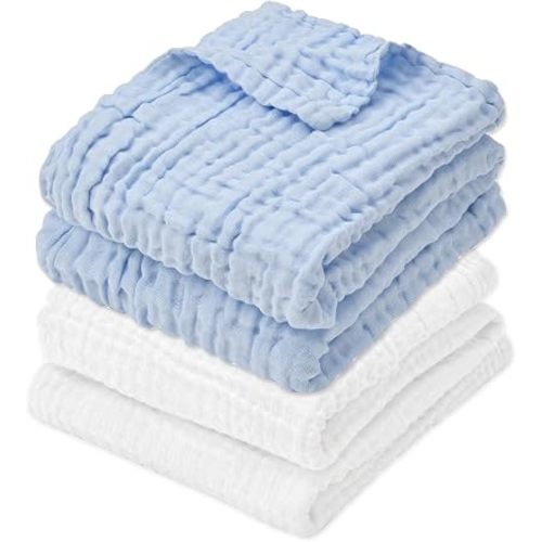 Aablexema Muslin Baby Blanket 6-Layer 43"x43", 2-Pack(White & Blue)