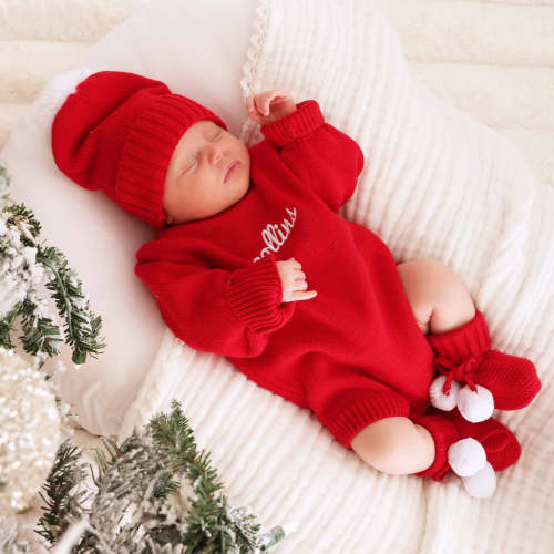 Knit Pom Pom Baby Booties | Red