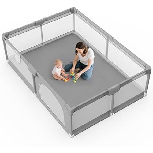 Omzer 74” x 50” Playpen for Babies and Toddlers - Safe Baby Fence Breathable Mesh for Indoor & Outdoor - Baby Play Pen - Play Yard with Non-Slip Suction Cups