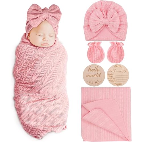 Newborn Receiving Blanket with Bow Hat Mittens Wooden Card Set Wheat-Pattern Newborns Toddler Baby Boy Girl Nursery Swaddle Wrap