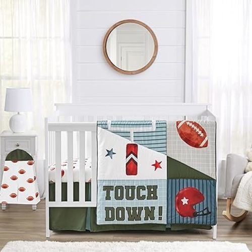Sweet Jojo Designs American Football MVP Boy Baby Crib Bedding Set Infant Nursery Room Blanket Fitted Sheet Skirt Diaper Stacker 4pc Green Blue Red Vintage Helmet Field Goal Sports Themed Grey Stars