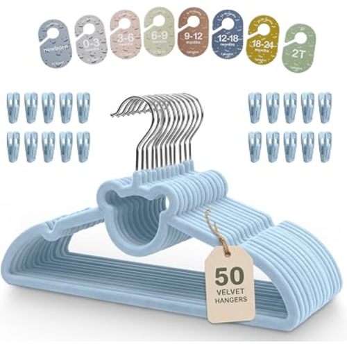 Velvet Baby Hangers with Clips & Size Dividers, 50 Pack