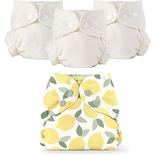 Esembly Cloth Diaper Bundle – 1 Lemons Waterproof Outer (Size 2) and 3 Organic Cotton Inners (Size 1) – Reusable, Washable, Blowout-Proof Diapering System