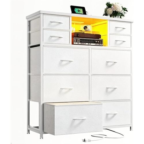 White Dresser for Bedroom with 10 Drawers Featuring LED Light and Power Outlet, Fabric Dressers & Chest of Drawers with Open Shelves for Hallway, Living Room, Steel Frame,Wood Top