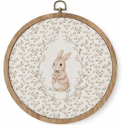 HYKDFMNCJ Pink Easter Bunny Floral Round Framed Wall Art, Cottagecore Spring Rose Flower Rabbit Wall Hanging Canvas Prints Artwork Decorations for Girls Room Nursery Home, 10x10 Inch