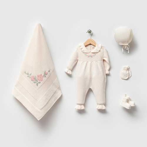 Knitted Baby Girl Coming Home Set – 5 Piece Floral Embroidered Outfit with Blanket